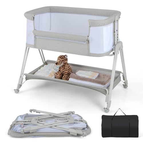 LIFEZEAL Höhenverstellbarer Stubenwagen, Tragbare Beistellbett Baby 90 x 50 cm, 3 in 1 Baby Bett mit Matratze, Reisebett für Baby 0-6 Monaten, Zustellbett mit atmungsaktivem Netz (Hellgrau) von LIFEZEAL