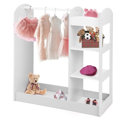 LIFEZEAL Kinder Kleiderständer, Offener Baby Kleiderschrank Kleiderständer Holz, Kinderschrank mit Spiegel, Kinderregal Kindergarderobe mit 4 Ablagen, Weiß von LIFEZEAL