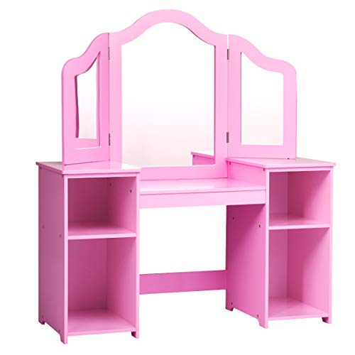 LIFEZEAL Kinder Schminktisch, Frisiertisch mit abnehmbarem Spiegel & 4 offenen Ablagefächern, 2-in-1 Design mit Schminktisch & Schreibtisch, Kosmetiktisch für kleine Kinder Mädchen (Ohne Stuhl .) von LIFEZEAL