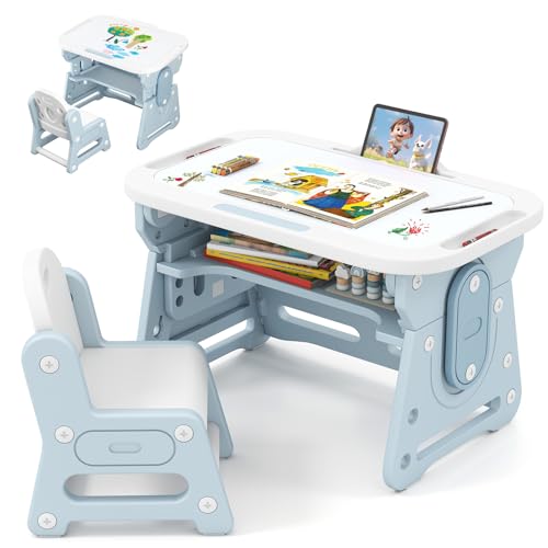 LIFEZEAL Kinder Tisch Stuhl Set, Zeichentisch mit magnetischer Whiteboard & Kinderstuhl, Verstellbarer & neigbarer Schreibtisch mit Stauraum, Maltisch für Kinder ab 3 Jahr (Weiß + Blau) von LIFEZEAL