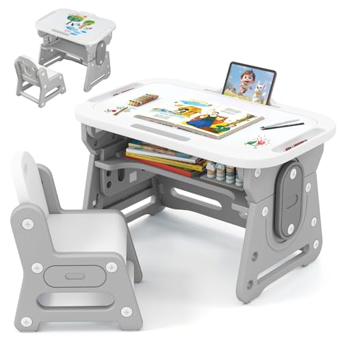 LIFEZEAL Kinder Tisch Stuhl Set, Zeichentisch mit magnetischer Whiteboard & Kinderstuhl, Verstellbarer & neigbarer Schreibtisch mit Stauraum, Maltisch für Kinder ab 3 Jahr (Weiß + Grau) von LIFEZEAL