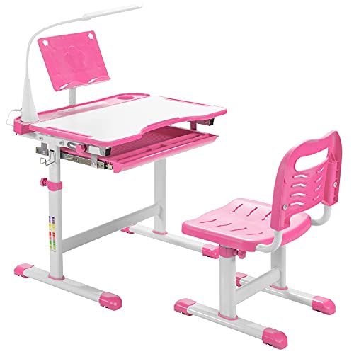 LIFEZEAL Kinderschreibtisch Höhenverstellbar, Jugendschreibtusch mit Stuhl, Schülerschreibtisch mit Schublade, Bücherständer & Tischlampe, Schreibtisch Kinder zum Lesen, Schreiben & Malen (Rosa) von LIFEZEAL