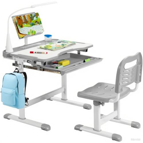 LIFEZEAL Kinderschreibtisch Höhenverstellbar, Jugendschreibtusch mit Stuhl, Schülerschreibtisch mit Schublade, Bücherständer & Tischlampe, Schreibtisch Kinder zum Lesen, Schreiben & Malen (Grau) von LIFEZEAL