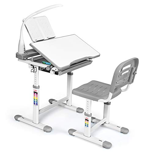 LIFEZEAL Kinderschreibtisch Höhenverstellbar, Schülerschreibtisch mit LED Lampe & Leseständer, Jugendschreibtisch mit Verstellbarer Tischplatte, Ergonomischer Schreibtisch mit Stuhl (Grau) von LIFEZEAL