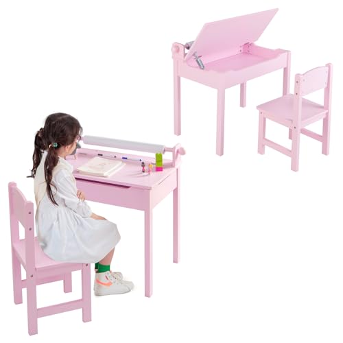 LIFEZEAL Kinderschreibtisch Set, Schülerschreibtisch mit Stuhl und Schublade, Schreibtisch mit klappbarer Tischplatte und Papierrollenhalter, Kindersitzgruppe für Kinder Im Alter Von 3-12 (Rosa) von LIFEZEAL