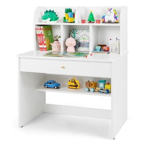LIFEZEAL Kinderschreibtisch mit Ablage, Schreibtisch Kinder mit Bücherregal & großer Schublade, Lerntisch Holz für Jungen und Mädchen ab 3 Jahren, 80 x 48 x 102 cm (Weiß) von LIFEZEAL
