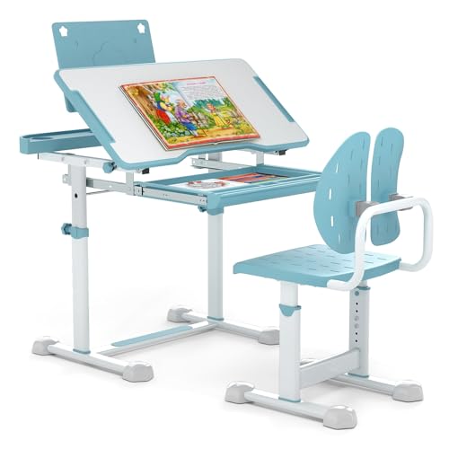 LIFEZEAL Kinderschreibtisch mit Stuhl, Höhenverstellbarer Schülerschreibtisch mit Bücherständer & Schublade, Kindertisch Stuhl Set mit neigbarer Tischplatte für Mädchen & Jungen (Blau) von LIFEZEAL