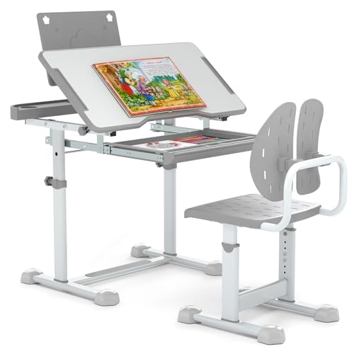 LIFEZEAL Kinderschreibtisch mit Stuhl, Höhenverstellbarer Schülerschreibtisch mit Bücherständer & Schublade, Kindertisch Stuhl Set mit neigbarer Tischplatte für Mädchen & Jungen (Grau) von LIFEZEAL
