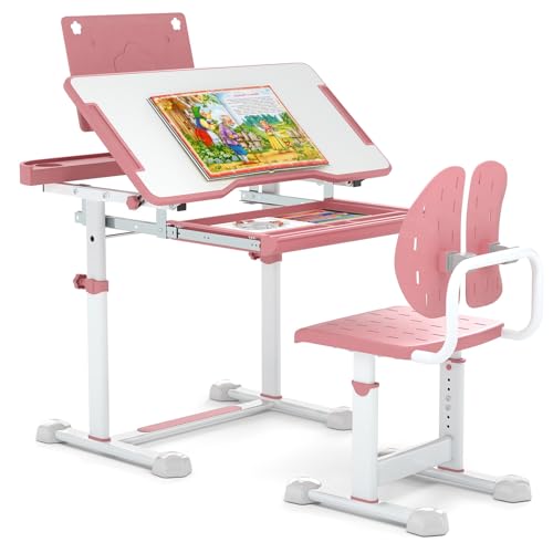 LIFEZEAL Kinderschreibtisch mit Stuhl, Höhenverstellbarer Schülerschreibtisch mit Bücherständer & Schublade, Kindertisch Stuhl Set mit neigbarer Tischplatte für Mädchen & Jungen (Rosa) von LIFEZEAL