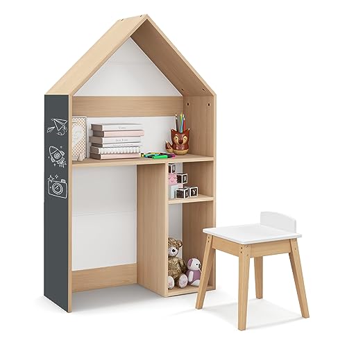 LIFEZEAL 2-in-1 Kindersitzgruppe in Hausform, Aufwahrungsregal Kinderschreibtisch mit Stuhl, Schülerschreibtisch Set mit Ablagen, Schreibtisch Holz für Kinder ab 3 Jahre von LIFEZEAL