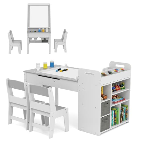 LIFEZEAL Kindertisch mit 2 Stühlen, Kindermaltisch mit Papierrolle, Holzschreibtisch mit 2 Stoffschubladen, 8 Farbtöpfen, Kiefernbeinen, Kinder Tisch Set für Jungen und Mädchen (Grau) von LIFEZEAL