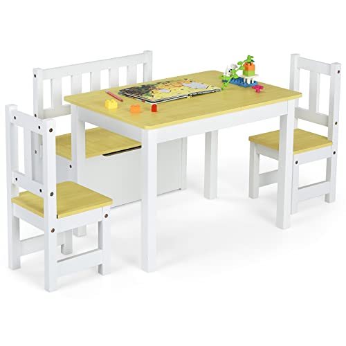 LIFEZEAL Kindertisch mit Stühlen, Holz Kindersitzgruppe inkl. Spielzeugkiste, Kindermöbel Sitzgarnitur für Jungen & Mädchen, 4-Teilige Sitzgruppe Kindertischgruppe mit Kindertruhe von LIFEZEAL