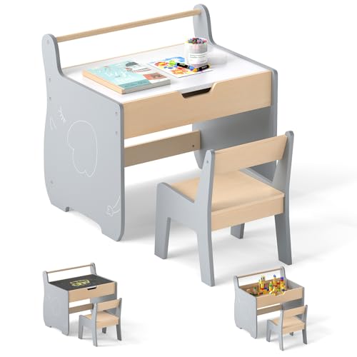 LIFEZEAL Kindertisch mit Stuhl, Abnehmbarer Kinderschreibtisch mit Stauraum, Kindersitzgruppe mit doppelseitiger Tafel, Kinder Tisch Stuhl Set zum Spielen, Lesen, Malen, Essen (Grau + Natur) von LIFEZEAL