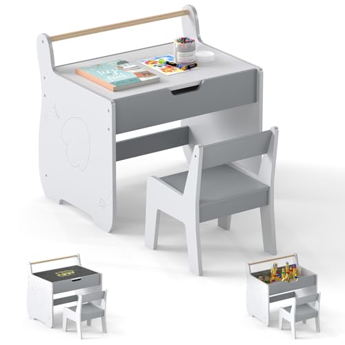 LIFEZEAL Kindertisch mit Stuhl, Abnehmbarer Kinderschreibtisch mit Stauraum, Kindersitzgruppe mit doppelseitiger Tafel, Kinder Tisch Stuhl Set zum Spielen, Lesen, Malen, Essen (Grau + Weiß) von LIFEZEAL