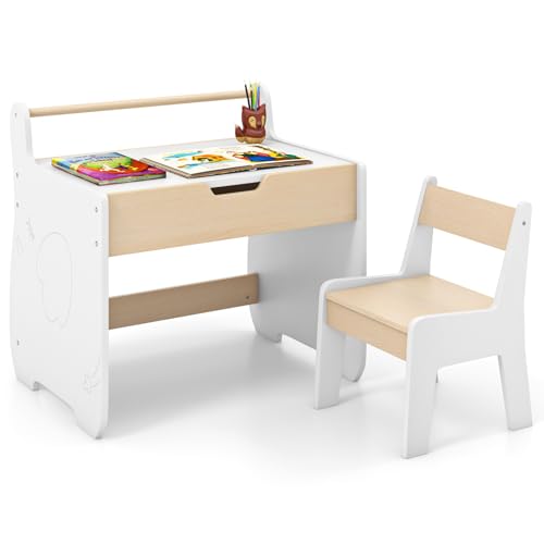 LIFEZEAL Kindertisch mit Stuhl, Abnehmbarer Kinderschreibtisch mit Stauraum, Kindersitzgruppe mit doppelseitiger Tafel, Kinder Tisch Stuhl Set zum Spielen, Lesen, Malen, Essen (Natur + Weiß) von LIFEZEAL