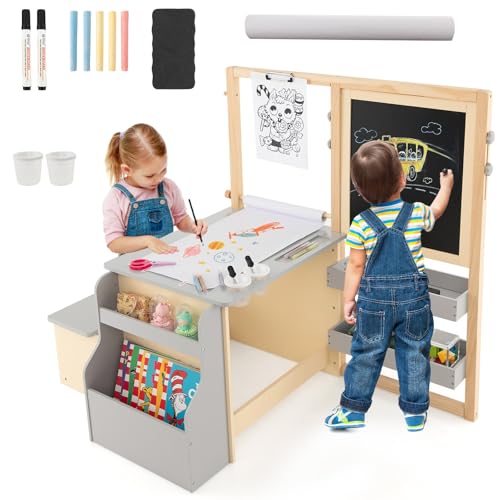 LIFEZEAL Kindertisch mit Stuhl & Kreidetafel, Kindersitzgruppe mit Staffelei, Spielzeugregal, Bücherregal, Papierrollenhalter, Maltisch Set für Kinder von 3 + Jahren (Grau) von LIFEZEAL