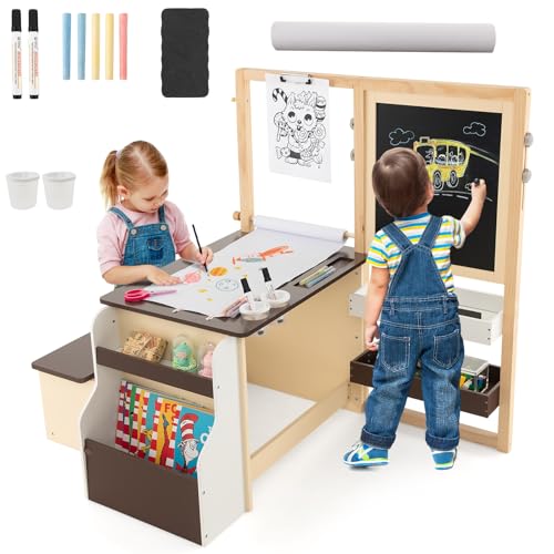 LIFEZEAL Kindertisch mit Stuhl & Kreidetafel, Kindersitzgruppe mit Staffelei, Spielzeugregal, Bücherregal, Papierrollenhalter, Maltisch Set für Kinder von 3 + Jahren (Kaffee) von LIFEZEAL