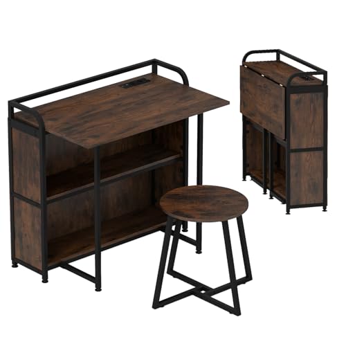 LIFEZEAL Klappbarer Schreibtisch mit Hocker, Computertisch mit 2 Ablagen, Steckdosen, USB- & Typ-C Anschluss, Platzsparender Bürotisch Tisch Set für Homeoffice, Arbeitszimmer (Braun) von LIFEZEAL