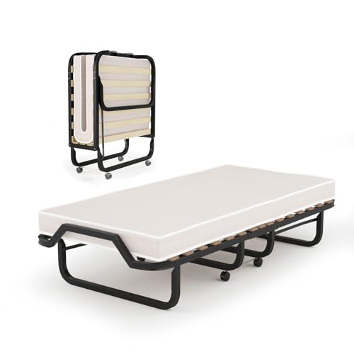 LIFEZEAL Klappbett, Klappbares Gästebett im Metallrahmen, Faltbares Einzelbett mit Matratze aus Memory Foam, Erwachsene Metallbett auf 4 Rädern (Beige, 200 x 80 x 41 cm) von LIFEZEAL