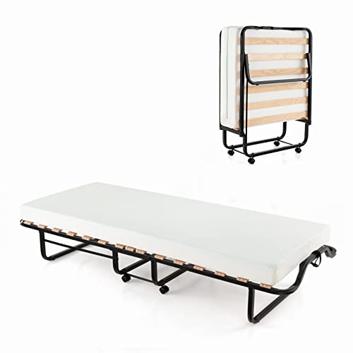 LIFEZEAL Klappbett, Klappbares Gästebett im Metallrahmen, Faltbares Einzelbett mit Matratze aus Memory Foam, Erwachsene Metallbett auf 4 Rädern (Weiß, 200 x 80 x 41 cm) von LIFEZEAL