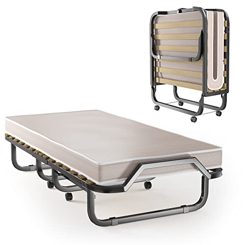 LIFEZEAL Klappbett, Klappbares Gästebett im Metallrahmen, Faltbares Einzelbett mit Matratze aus Memory Foam, Erwachsene Metallbett auf 4 Rädern (200 x 90 x 41 cm, Beige) von LIFEZEAL