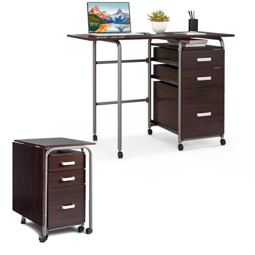 LIFEZEAL Klapperbarer Schreibtisch, Arbeitstisch mit Schubladen & Rollen, Multifunktionaler Computertisch, Bürotisch mit Aktenschränke, Klappschreibtisch für Arbeitszimmer, Büro (Braun) von LIFEZEAL