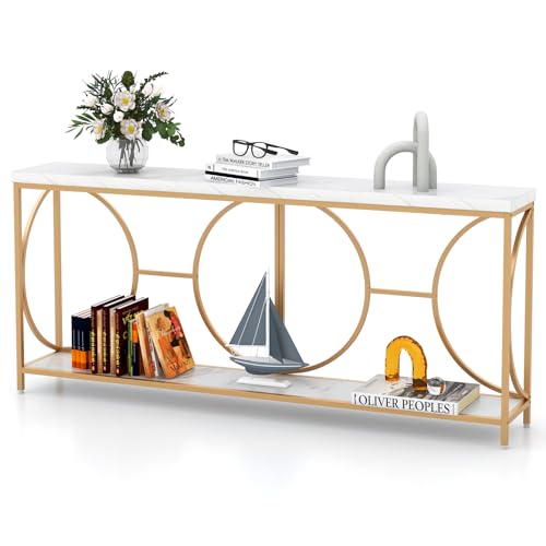 LIFEZEAL Konsolentisch 180 cm, Flurtisch mit 2 Ebenen, Schmaler Eingangstisch Wohnzimmertisch mit Metallgestell, Beistelltisch für Flur, Wohnzimmer (Weiß + Gold) von LIFEZEAL