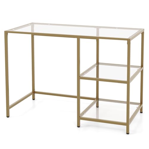 LIFEZEAL Konsolentisch Gold, Eingangstisch aus gehärtetem Glas, Flurtisch mit 2 Ebenen Ablage, Schreibtisch mit Metallrahmen, Beistelltisch für Flur, Wohnzimmer, 106 x 51 x 76 cm von LIFEZEAL