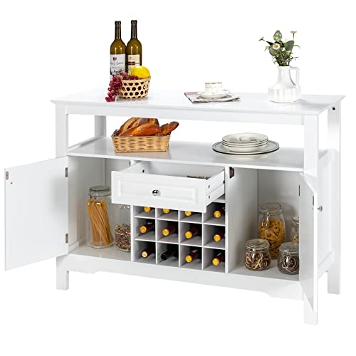 LIFEZEAL Küchenschrank mit Weinregal Schublade und Türen, Sideboard Beistellschrank Holz, Weinschrank 116x40x82cm, Buffetschrank Vitrinenschrank Kommode für Esszimmer Küche (weiß) von LIFEZEAL