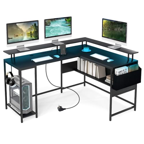LIFEZEAL L-förmiger Computertisch, Gaming-Tisch mit LED-Beleuchtung & Steckdosen, Schreibtisch Eckschreibtisch mit Monitorhalterung, Stofftasche, Haken und Regal (Schwarz) von LIFEZEAL