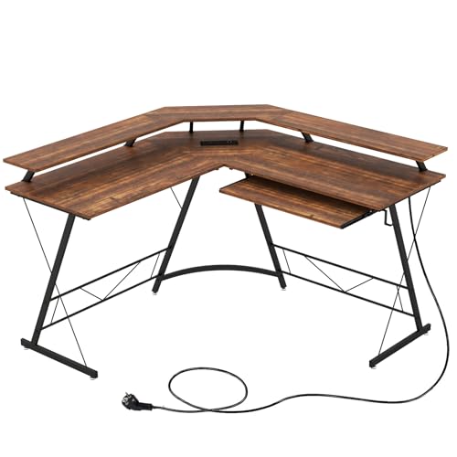 LIFEZEAL L-förmiger Eckschreibtisch, Computertisch mit Monitorhalterung, Schreibtisch mit Ladestation, Tastaturablage & Kopfhörerhaken, Ecktisch für Zuhause Büro Schlafzimmer (Braun) von LIFEZEAL