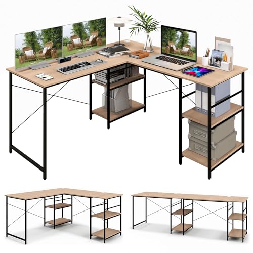 LIFEZEAL L-förmiger Schreibtisch mit Regalen, 242cm Reversibeler Eckschreibtisch, Gaming Laptop PC Tisch im Industriestil, Computertisch Workstation für zu Hause und im Büro (Natur) von LIFEZEAL