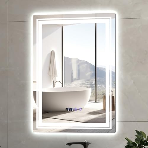 LIFEZEAL LED-Wandspiegel 70 x 50 cm, rechteckiger Badezimmerspiegel mit 3 Farbtemperaturen, Zeit- und Temperaturanzeige, beleuchteter Antibeschlagspiegel mit intelligenter Touch-Steuerung von LIFEZEAL