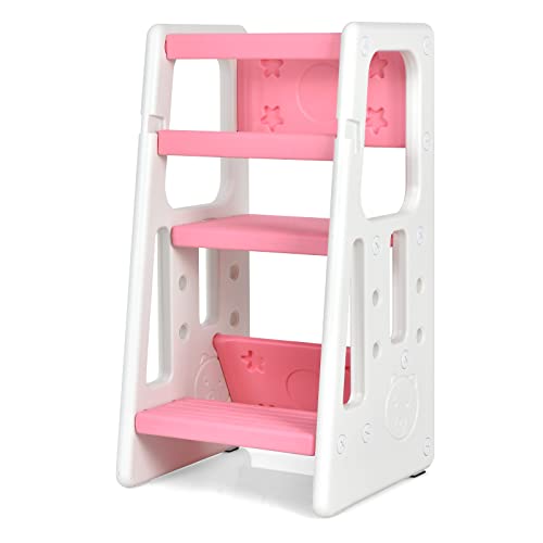 LIFEZEAL Lernturm Höhenverstellbar für Kinder, 2 in 1 Lerntower Kinderstuhl, Lernstuhl mit Schutzstab, 2 Stufen Hochstuhl Tritthocker, Belastbarkeit 65kg von LIFEZEAL