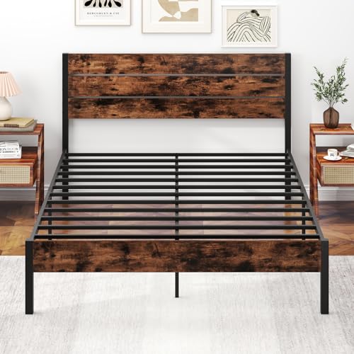 LIFEZEAL Metallbett 200 x 140 cm, Doppelbett Industriestil mit Kopf- & Fußteil, Plattformbett Bettgestell mit Stauraum unter dem Bett, Kein Boxspring erforderlich, Vintage Braun (210 x 141 x 99 cm) von LIFEZEAL