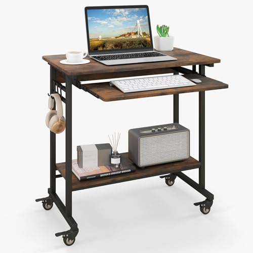 LIFEZEAL Mobiler Schreibtisch, Computertisch mit feststellbaren Rädern & 3 Haken, Beistelltisch mit Tastaturtablett, Arbeitsplatz Bürotisch, Laptop-Schreibtisch für Arbeitszimmer, Büro, 80x50x78cm von LIFEZEAL