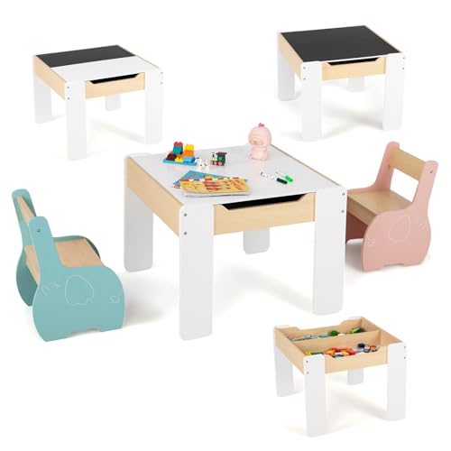 LIFEZEAL Multifunktionales Kindertisch- und Stuhlset, Kindersitzgruppe mit Stauraum, Kindermöbel mit Tischplatte als Kindertafel, Tisch Stuhl Set für Mädchen & Jungen (Rosa+Blau) von LIFEZEAL