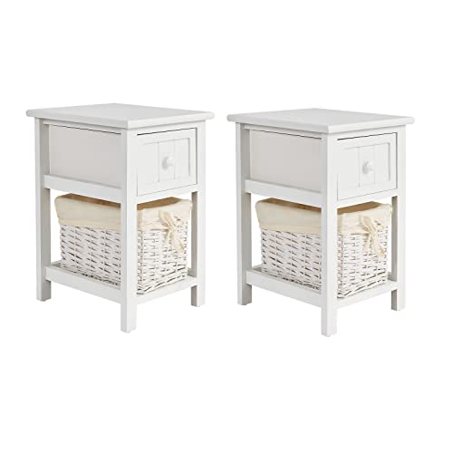 LIFEZEAL Nachtschrank 2er Set, Nachtkommde mit Schublade & abnehmbarem Korb, Sofatisch Nachtschrank in Idyllische Stil, 28x31x45cm (Weiß*2) von LIFEZEAL