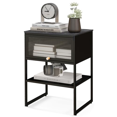 LIFEZEAL Nachttisch Marmor, Nachtschrank mit Schublade & offener Ablage, Moderner Beistelltisch Nachtkästchen für Schlafzimmer, Wohnzimmer, Max. 40 kg, 40 x 32 x 56 cm (Schwarz) von LIFEZEAL