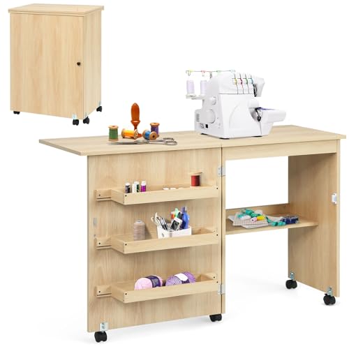 LIFEZEAL Nähmaschinenschrank klappbar, Nähschrank 2 in 1, Schreibtisch Holz mit Haken, Ablage & Rollen, Mobiler Nähtisch Nähmöbel für Zuhause & Büro (Eiche, 117 x 40 x 77cm) von LIFEZEAL