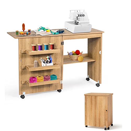 LIFEZEAL Nähmaschinenschrank klappbar, Nähschrank 2 in 1, Schreibtisch Holz mit Haken, Ablage & Rollen, Mobiler Nähtisch Nähmöbel für Zuhause & Büro (Holzfarben, 117 x 40 x 77cm) von LIFEZEAL