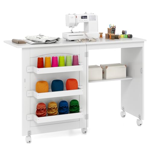 LIFEZEAL Nähmaschinenschrank klappbar, Nähschrank 2 in 1, Schreibtisch Holz mit Haken, Ablage & Rollen, Mobiler Nähtisch Nähmöbel für Zuhause & Büro (Schneeweiß, 117 x 40 x 77cm) von LIFEZEAL