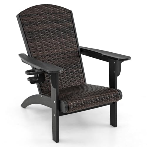 LIFEZEAL Outdoor Adirondack Stuhl, Gartenstuhl aus PE-Rattan, Gartensessel mit gepolstertem Sitz, Armlehnen & Getränkehalter, Wetterfeste Gartenliege für Garten, Patio, Terrasse (Schwarz) von LIFEZEAL