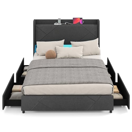 LIFEZEAL Polsterbett mit Lamellen und LED, gepolstertes Doppelbett mit 4 klappbaren Schubladen, Bettgestell mit Stauraum und verstellbarem Kopfteil (200 x 160 x 121,5 cm) von LIFEZEAL