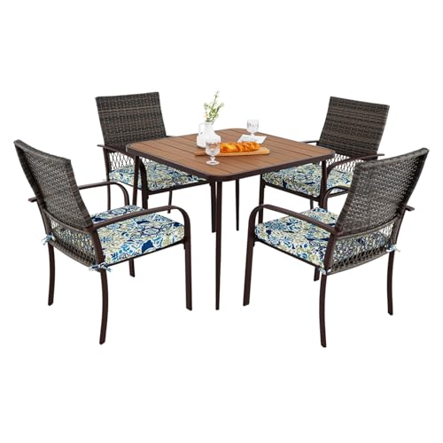 LIFEZEAL Polyrattan Gartenmöbel Set, Gartentisch mit 4 Gartenstühlen, Balkonmöbel Sitzgruppe Essgruppe mit Kissen & Schirmloch, Gartenset für Terrasse, Garten, Poolbereich von LIFEZEAL