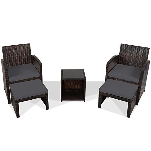 LIFEZEAL Rattan Gartenmöbel Set, 5-teiliges Balkonmöbel Set aus Rattantisch & Stühle, Lounge Set mit Sitzkissen & Ottomane, Outdoor-Sitzgarnitur Sofa Set für Pool & Terrasse (Grau + Schwarz) von LIFEZEAL