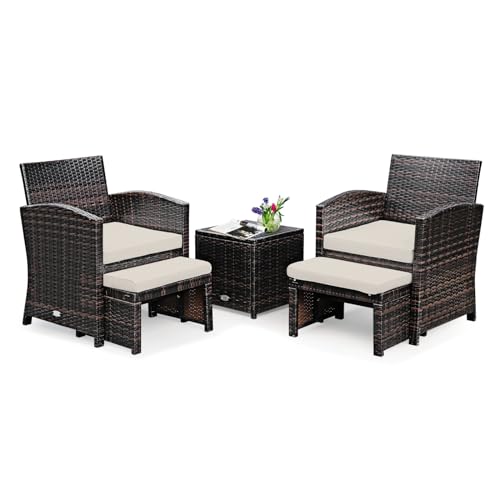 LIFEZEAL Rattan Gartenmöbel Set, 5-teiliges Balkonmöbel Set aus Rattantisch & Stühle, Lounge Set mit Sitzkissen & Ottomane, Outdoor-Sitzgarnitur Sofa Set für Pool & Terrasse (Weiß + Schwarz) von LIFEZEAL