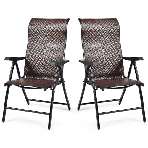 LIFEZEAL Rattan Gartenstuhl 2er Set, Klappbare Balkonstühle mit Rückenlehne & Armlehnen, 5 stufige verstellbar Klappstuhl, Korbstühle mit Rahmen aus Eisen, für Garten, Balkon, Pool, Terrasse von LIFEZEAL