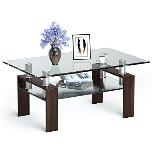 LIFEZEAL Rechteckiger Couchtisch Glas, Glastisch mit 2 Ebenen, Moderner Wohnzimmertisch mit Metallrahmen, Transparent und braun, 99,5 x 59,5 x 44,5 cm von LIFEZEAL