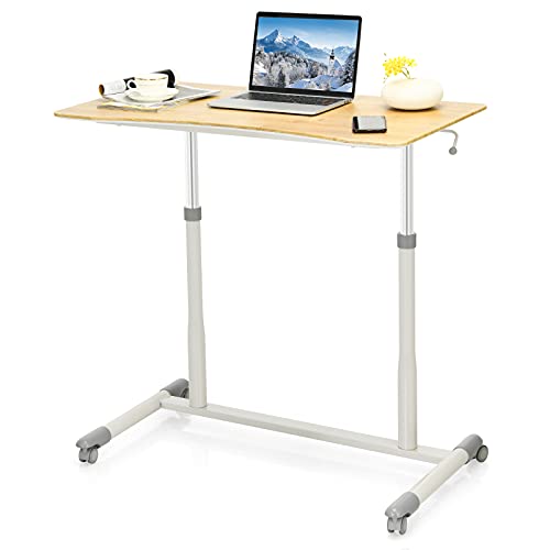 LIFEZEAL Schreibtisch, Sofatisch mit 4 Universalrollen und 2 Bremsen, höhenverstellbarer Schreibtisch, Stehtisch mit verstellbarem Griff, 92 x 55 x 70/106 cm (Natur) von LIFEZEAL